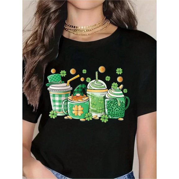 St Patrick's Day Lucky Shamrock Coffee Gnome Graphic Women Casual T-Shirt