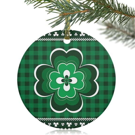 St.Patrick's Day Lucky Shamrock Leaf Christmas Ceramic Ornament 2025,3" Round Xmas Tree Hanging Accessories with Gold Ribbon