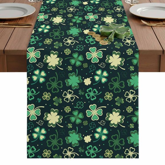 St. Patrick's Day Lucky Shamrock Table Runner-36 Inch Long Gradient Green Leaves Table Runners Linen Burlap Tablerunner for Kitchen Dining Room Holiday Party