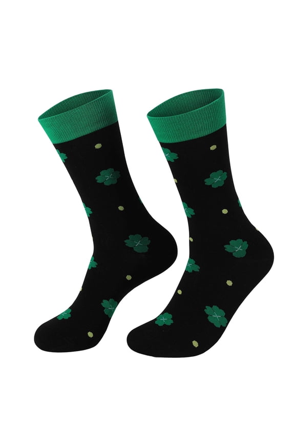 St. Patrick's Day Lucky Socks for Men & Women, Four Leaf Clover Crew Socks, Black Green Gold Design, Nylon Spandex One Size Fits Most,Size Free Size