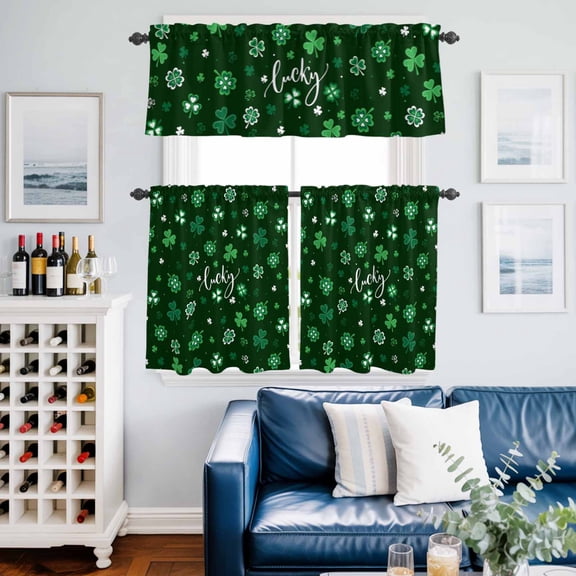St. Patrick's Day Lucky Words Curtain Tier and Valance Set 3 Piece, Tri-leaf Grass 3-inch Rod Pocket Window Tier Curtains Valance for Kitchen Living Room