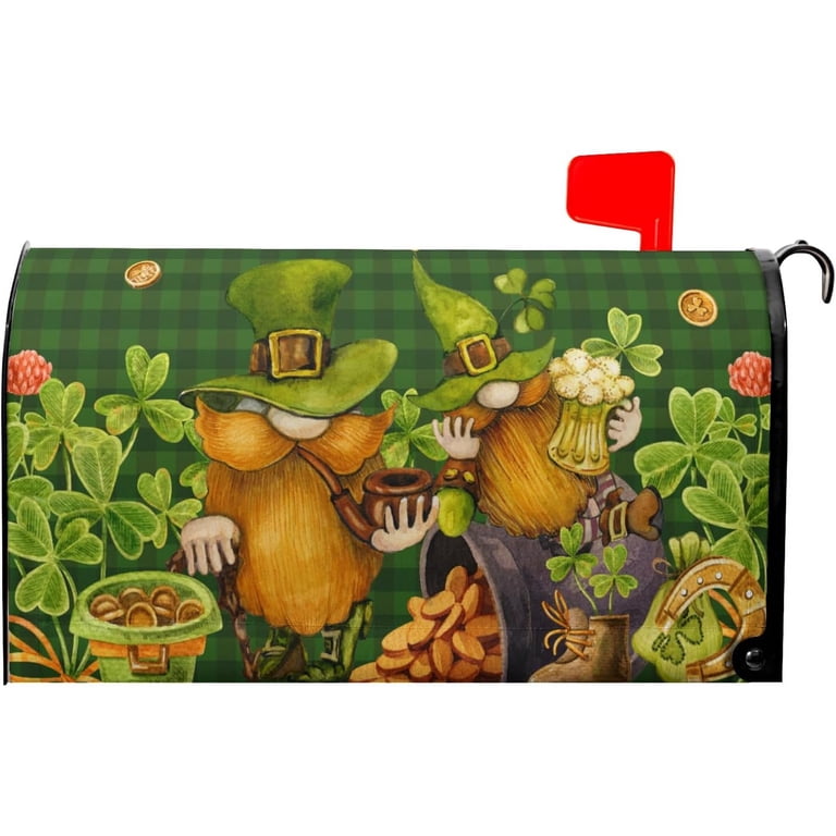 St. Patrick's Day Mailbox Cover - Waterproof, Magnetic, Green Leprechaun Shamrock Beer Design, 21"L X 18"W For Outdoor Decoration