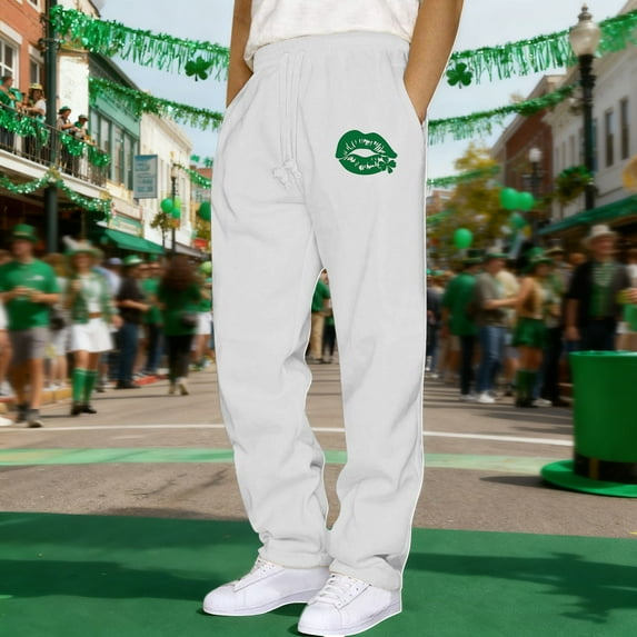 St. Patrick's Day Mens Pants Athletic Open Bottom Running Pants Mesh Mens Sweatpants with Pockets White S
