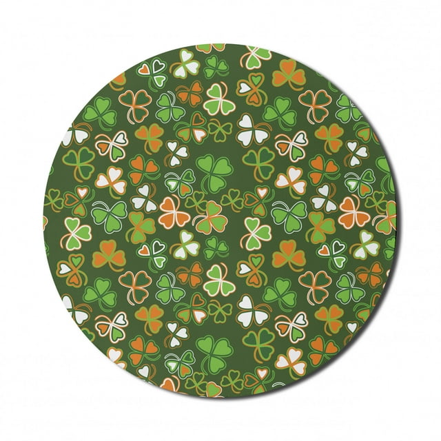 St. Patrick's Day Mouse Pad for Computers, Lucky Shamrocks Pattern Irish Clover Celebration Day Party Prints, Round Non-Slip Thick Rubber Modern Mousepad, 8" Round, Green and Orange, by Ambesonne