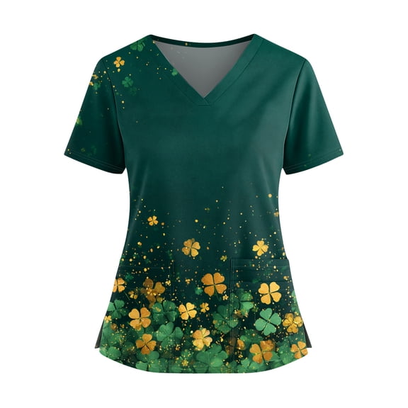 St. Patrick's Day Nursing Scrub Top - Lightweight V-Neck Short Sleeve Shamrock Print Medical Uniform with Pockets Light Green XXL