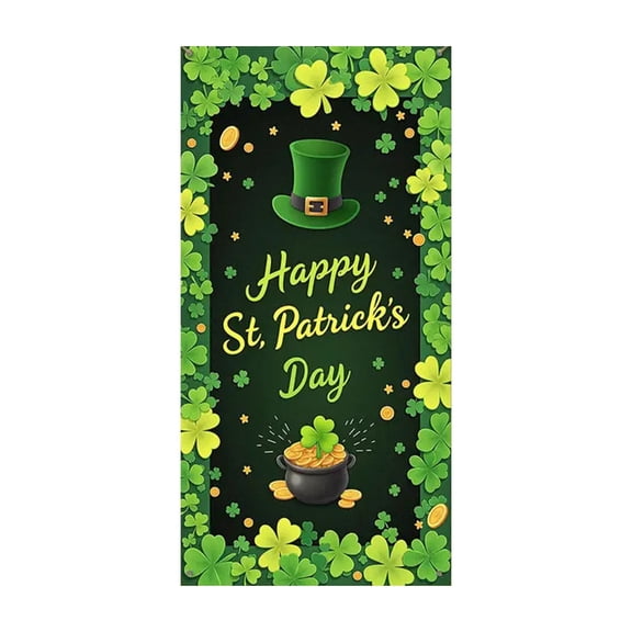 St. Patrick's Day Outdoor Door Banner – Vertical Hanging Flag with Shamrock & Irish Elf Design, Waterproof Fabric Door Cover for Porch, Fence, or Storefront Decor