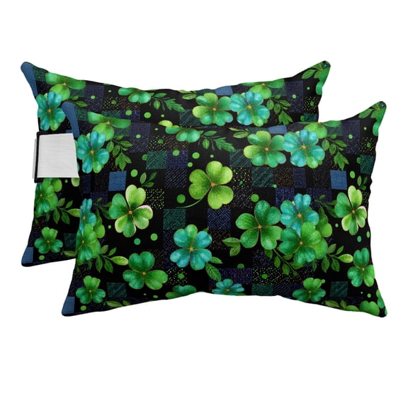 St. Patrick's Day Outdoor Pillows for Chaise Lounge Chair Beach Headrest Pillow Set of 2 Waterproof Lumbar Pillows with Insert&Strap Green Lucky Clovers Shamrock Plaid Pillow for Patio Pool 12"x20"