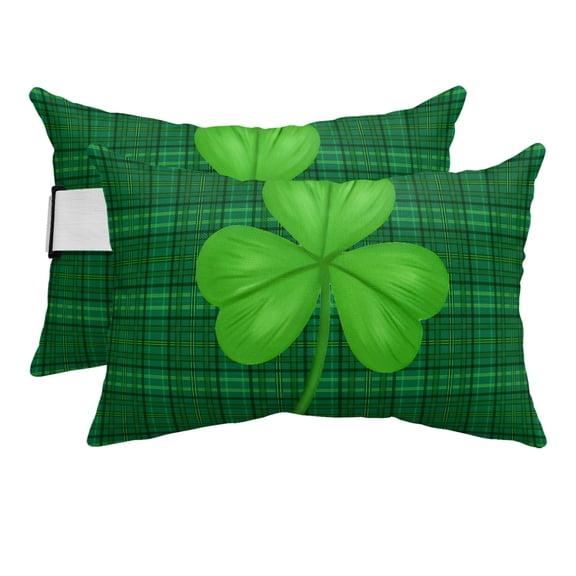 St. Patrick's Day Outdoor Pillows for Chaise Lounge Chair Beach Headrest Pillow Set of 2 Waterproof Lumbar Pillows with Insert&Strap Spring Green Shamrock Grass Checked Pillow for Patio Pool 12"x20"