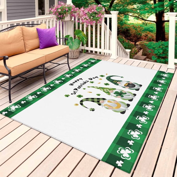 St. Patrick's Day Outdoor Rug 3x5 Ft, Non Slip Washable Area Rug, Green Funny Gnomes Lucky Grass Checked Patio Rugs Carpet Runner, Large Floor Mat for Indoor/Outdoor Deck Porch Camping