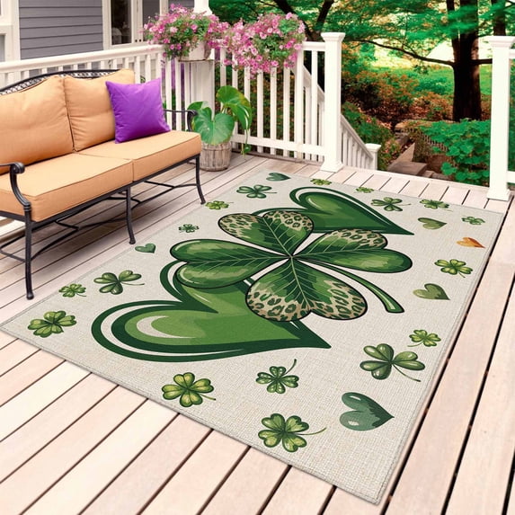 St Patrick's Day Outdoor Rug 3x5 Ft, Non Slip Washable Area Rug, Green Lucky Shamrock Love Spring Beige Patio Rugs Carpet Runner, Large Floor Mat for Indoor/Outdoor Deck Porch Camping