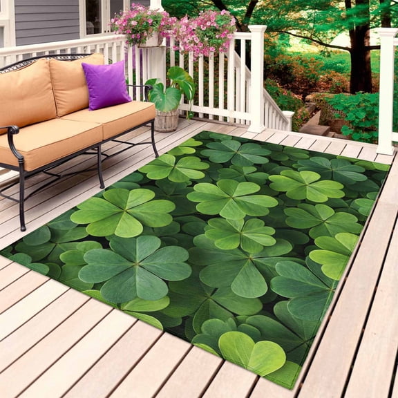 St. Patrick's Day Outdoor Rug 3x5 Ft, Non Slip Washable Area Rug, Spring Country Fourleaf Grass Lucky Patio Rugs Carpet Runner, Large Floor Mat for Indoor/Outdoor Deck Porch Camping