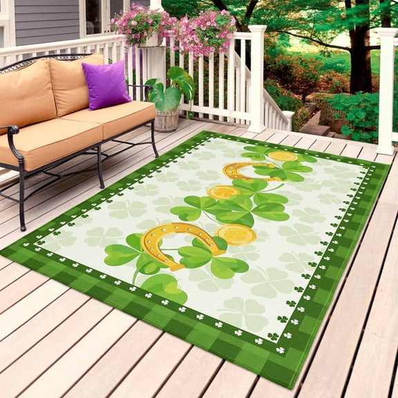 St. Patrick's Day Outdoor Rug 3x5 Ft, Non Slip Washable Area Rug, Spring Green Lucky Clovers Leaves Plaid Patio Rugs Carpet Runner, Large Floor Mat for Indoor/Outdoor Deck Porch Camping