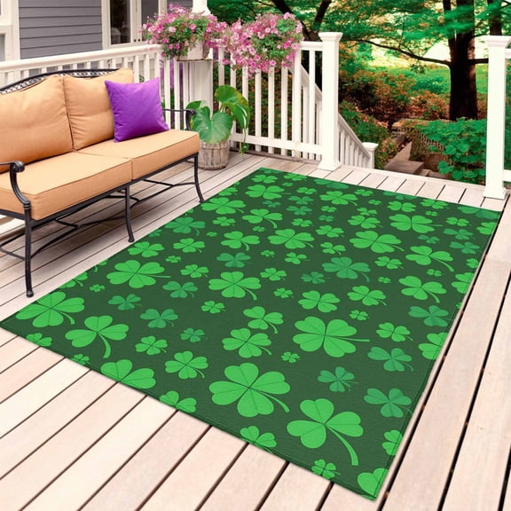 St. Patrick's Day Outdoor Rug 3x5 Ft, Non Slip Washable Area Rug, Spring Green Shamrock Grass Lucky Patio Rugs Carpet Runner, Large Floor Mat for Indoor/Outdoor Deck Porch Camping