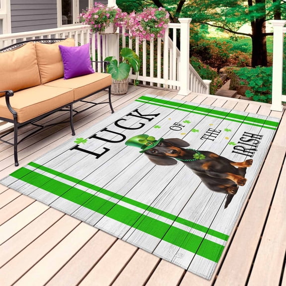 St. Patrick's Day Outdoor Rug 3x5 Ft, Non Slip Washable Area Rug, Spring Lucky Hats Dogs Grass Strip Wood Patio Rugs Carpet Runner, Large Floor Mat for Indoor/Outdoor Deck Porch Camping
