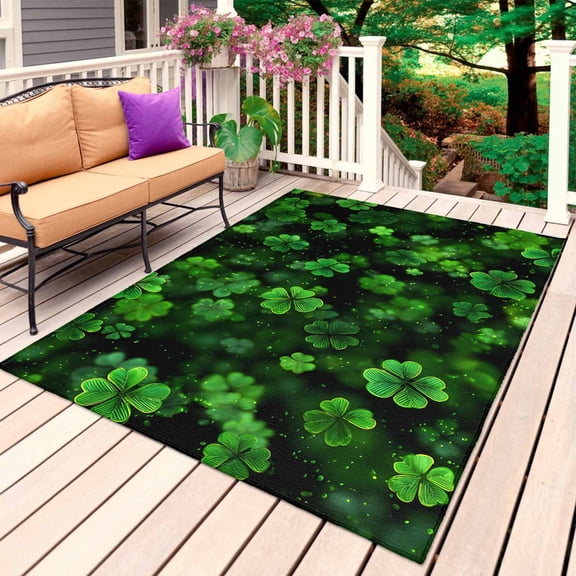 St. Patrick's Day Outdoor Rug 4x6 Ft, Non Slip Washable Area Rug, Botanical Spring Green Clovers Leaves Patio Rugs Carpet Runner, Large Floor Mat for Indoor/Outdoor Deck Porch Camping