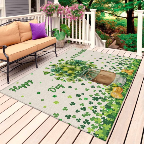 St. Patrick's Day Outdoor Rug 4x6 Ft, Non Slip Washable Area Rug, Farmhouse Green Lucky Clovers Coin Patio Rugs Carpet Runner, Large Floor Mat for Indoor/Outdoor Deck Porch Camping