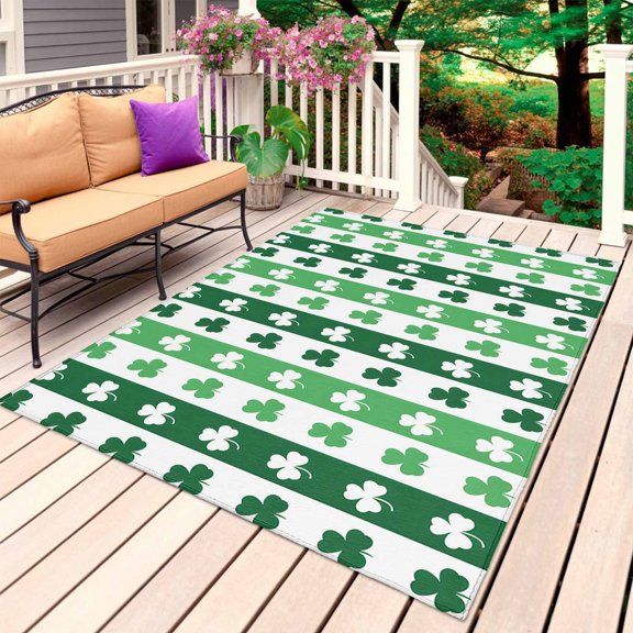 St. Patrick's Day Outdoor Rug 4x6 Ft, Non Slip Washable Area Rug, Green Irish Lucky Clovers Stripes Patio Rugs Carpet Runner, Large Floor Mat for Indoor/Outdoor Deck Porch Camping