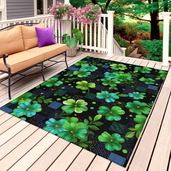 St. Patrick's Day Outdoor Rug 4x6 Ft, Non Slip Washable Area Rug, Green Lucky Clovers Shamrock Plaid Patio Rugs Carpet Runner, Large Floor Mat for Indoor/Outdoor Deck Porch Camping