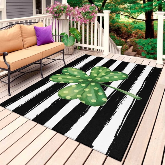 St. Patrick's Day Outdoor Rug 4x6 Ft, Non Slip Washable Area Rug, Lucky Shamrock Grass Black Stripes Patio Rugs Carpet Runner, Large Floor Mat for Indoor/Outdoor Deck Porch Camping
