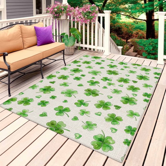St. Patrick's Day Outdoor Rug 4x6 Ft, Non Slip Washable Area Rug, Rustic Lucky Clovers Green Patio Rugs Carpet Runner, Large Floor Mat for Indoor/Outdoor Deck Porch Camping