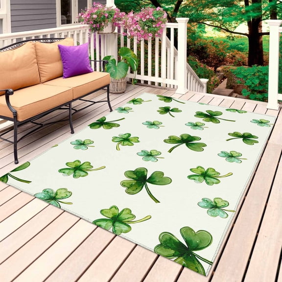 St. Patrick's Day Outdoor Rug 4x6 Ft, Non Slip Washable Area Rug, Spring Botanical Green Clovers Leaves Patio Rugs Carpet Runner, Large Floor Mat for Indoor/Outdoor Deck Porch Camping