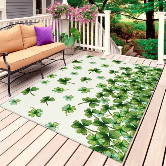 St. Patrick's Day Outdoor Rug 4x6 Ft, Non Slip Washable Area Rug, Spring Green Botanical Lucky Clovers Patio Rugs Carpet Runner, Large Floor Mat for Indoor/Outdoor Deck Porch Camping