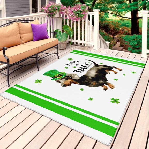 St. Patrick's Day Outdoor Rug 4x6 Ft, Non Slip Washable Area Rug, Spring Lucky Dogs Grass Green Striped Patio Rugs Carpet Runner, Large Floor Mat for Indoor/Outdoor Deck Porch Camping
