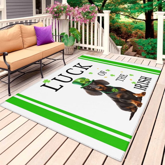 St. Patrick's Day Outdoor Rug 4x6 Ft, Non Slip Washable Area Rug, Spring Lucky Hats Dogs Grass Striped Patio Rugs Carpet Runner, Large Floor Mat for Indoor/Outdoor Deck Porch Camping