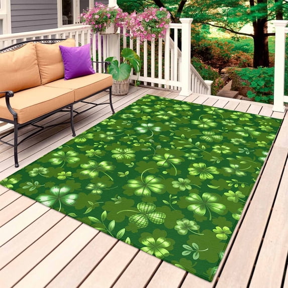 St. Patrick's Day Outdoor Rug 4x6 Ft, Non Slip Washable Area Rug, Spring Lucky Shamrock Green Watercolor Patio Rugs Carpet Runner, Large Floor Mat for Indoor/Outdoor Deck Porch Camping