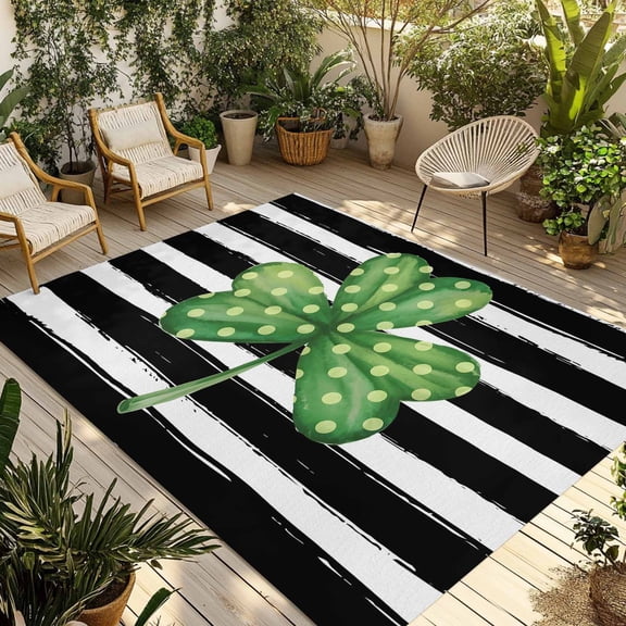 St. Patrick's Day Outdoor Rug 4x6 Ft - Reversible Patio Rug Outdoor Camping Rugs, Lucky Shamrock Grass Black Stripes Washable Indoor Outdoor Area Rugs, Non-Slip Outdoor Carpet Runner for Deck/Porch