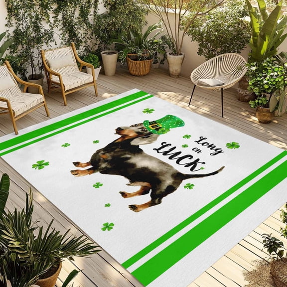 St. Patrick's Day Outdoor Rug 4x6 Ft - Reversible Patio Rug Outdoor Camping Rugs, Spring Lucky Dogs Grass Green Striped Indoor Outdoor Area Rugs, Non-Slip Outdoor Carpet Runner for Deck/Porch