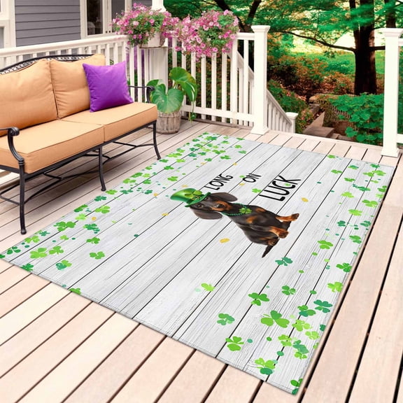 St. Patrick's Day Outdoor Rug 5x8 Ft, Non Slip Washable Area Rug, Lucky Hats Dogs Grass Striped Gray Wood Patio Rugs Carpet Runner, Large Floor Mat for Indoor/Outdoor Deck Porch Camping
