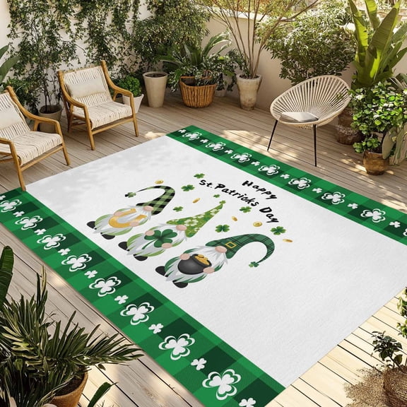 St. Patrick's Day Outdoor Rug for Patio/Deck/Porch, Non-Slip Large Area Rug 3 x 5 Ft, Green Funny Gnomes Lucky Grass Checked Indoor Outdoor Rugs Washable Area Rugs, Camping Rug Carpet Runner