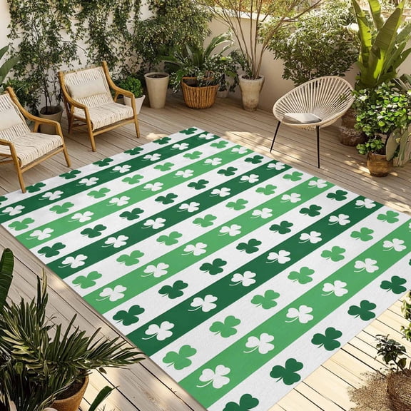 St. Patrick's Day Outdoor Rug for Patio/Deck/Porch, Non-Slip Large Area Rug 3 x 5 Ft, Green Irish Lucky Clovers Stripes Indoor Outdoor Rugs Washable Area Rugs, Reversible Camping Rug Carpet Runner