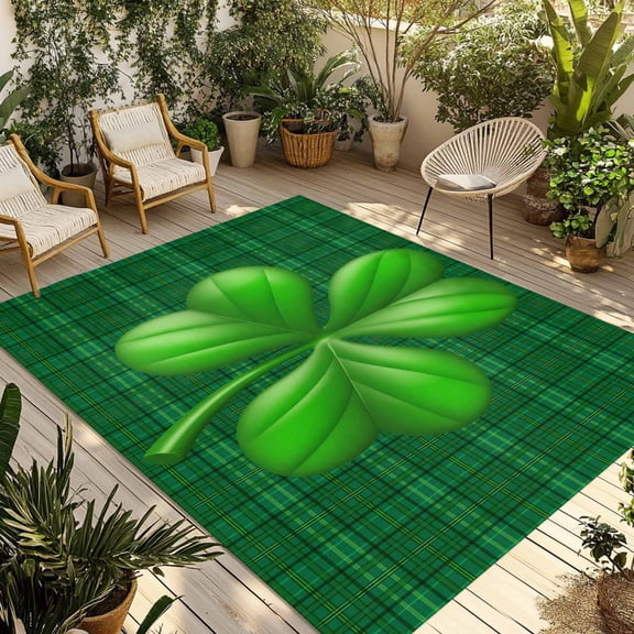 St. Patrick's Day Outdoor Rug for Patio/Deck/Porch, Non-Slip Large Area Rug 3 x 5 Ft, Green Lucky Clovers Grid Plaid Indoor Outdoor Rugs Washable Area Rugs, Reversible Camping Rug Carpet Runner