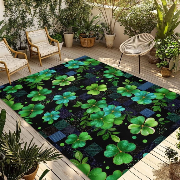 St. Patrick's Day Outdoor Rug for Patio/Deck/Porch, Non-Slip Large Area Rug 3 x 5 Ft, Green Lucky Clovers Shamrock Plaid Indoor Outdoor Rugs Washable Area Rugs, Reversible Camping Rug Carpet Runner
