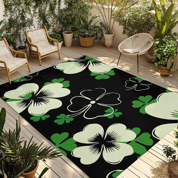 St. Patrick's Day Outdoor Rug for Patio/Deck/Porch, Non-Slip Large Area Rug 3 x 5 Ft, Green Lucky Shamrock Spring Indoor Outdoor Rugs Washable Area Rugs, Reversible Camping Rug Carpet Runner