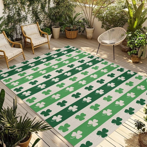 St. Patrick's Day Outdoor Rug for Patio/Deck/Porch, Non-Slip Large Area Rug 3 x 5 Ft, Green Shamrock Irish Lucky Leaves Indoor Outdoor Rugs Washable Area Rugs, Reversible Camping Rug Carpet Runner