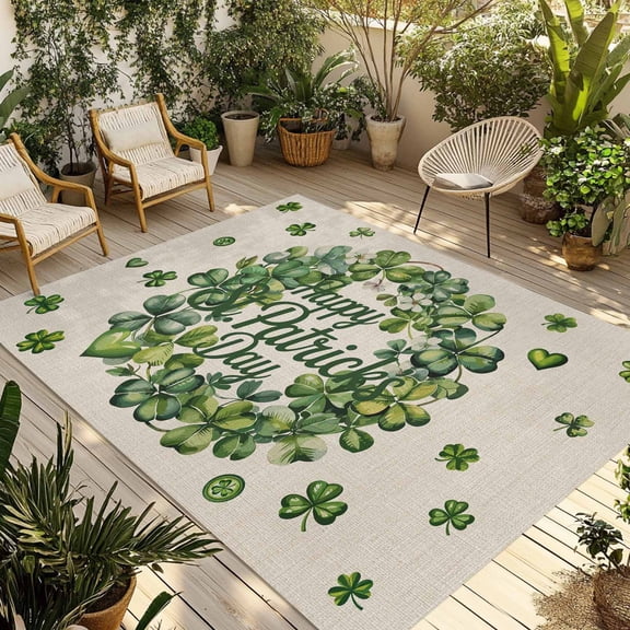 St Patrick's Day Outdoor Rug for Patio/Deck/Porch, Non-Slip Large Area Rug 3 x 5 Ft, Green Shamrock Wreath Love Lucky Beige Indoor Outdoor Rugs Washable Area Rugs, Camping Rug Carpet Runner