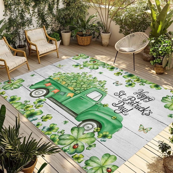 St. Patrick's Day Outdoor Rug for Patio/Deck/Porch, Non-Slip Large Area Rug 3 x 5 Ft, Green Shamrocks Truck Farmhouse Wood Indoor Outdoor Rugs Washable Area Rugs, Reversible Camping Rug Carpet Runner