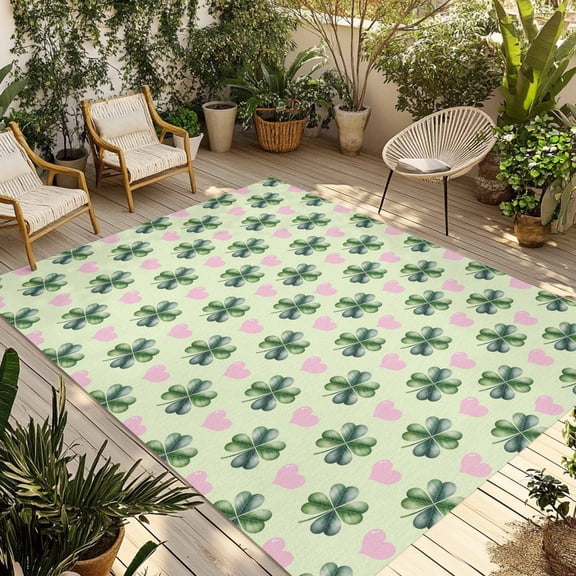 St. Patrick's Day Outdoor Rug for Patio/Deck/Porch, Non-Slip Large Area Rug 3 x 5 Ft, Lucky Green Clovers Pink Love Heart Indoor Outdoor Rugs Washable Area Rugs, Reversible Camping Rug Carpet Runner