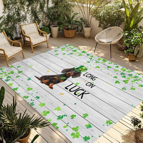 St. Patrick's Day Outdoor Rug for Patio/Deck/Porch, Non-Slip Large Area Rug 3 x 5 Ft, Lucky Hats Dogs Grass Striped Gray Wood Indoor Outdoor Rugs Washable Area Rugs, Camping Rug Carpet Runner