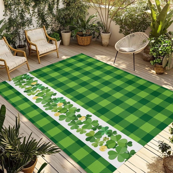 St. Patrick's Day Outdoor Rug for Patio/Deck/Porch, Non-Slip Large Area Rug 3 x 5 Ft, Lucky Shamrock Grasses Green Plaid Indoor Outdoor Rugs Washable Area Rugs, Reversible Camping Rug Carpet Runner