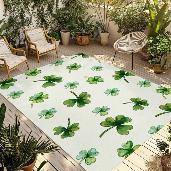 St. Patrick's Day Outdoor Rug for Patio/Deck/Porch, Non-Slip Large Area Rug 3 x 5 Ft, Spring Botanical Green Clovers Leaves Indoor Outdoor Rugs Washable Area Rugs, Camping Rug Carpet Runner