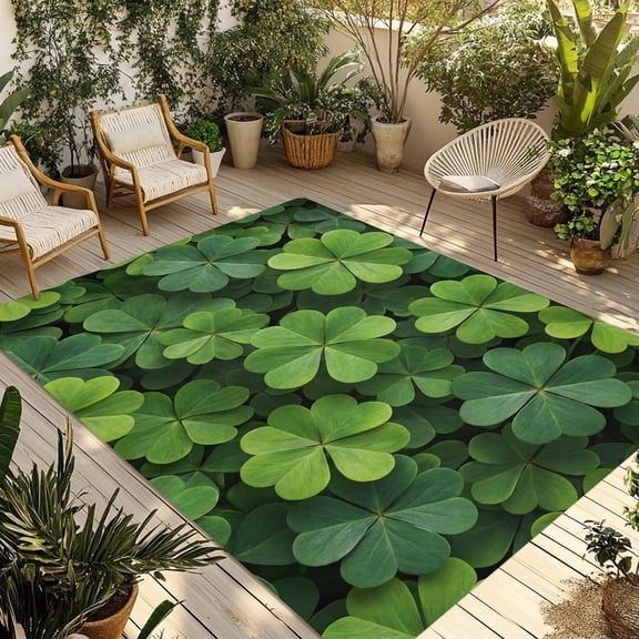 St. Patrick's Day Outdoor Rug for Patio/Deck/Porch, Non-Slip Large Area Rug 3 x 5 Ft, Spring Country Fourleaf Grass Lucky Indoor Outdoor Rugs Washable Area Rugs, Reversible Camping Rug Carpet Runner