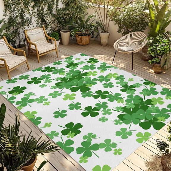 St. Patrick's Day Outdoor Rug for Patio/Deck/Porch, Non-Slip Large Area Rug 3 x 5 Ft, Spring Green Lucky Four-leaf Grass Indoor Outdoor Rugs Washable Area Rugs, Reversible Camping Rug Carpet Runner