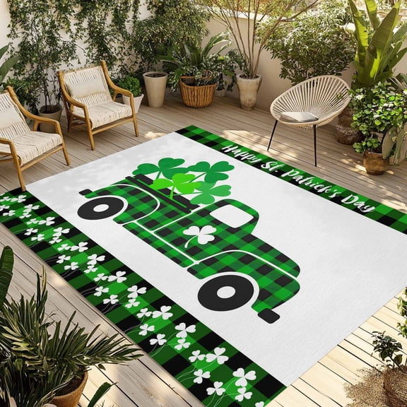 St. Patrick's Day Outdoor Rug for Patio/Deck/Porch, Non-Slip Large Area Rug 3 x 5 Ft, Spring Green Lucky Grass Truck Plaid Indoor Outdoor Rugs Washable Area Rugs, Reversible Camping Rug Carpet Runner