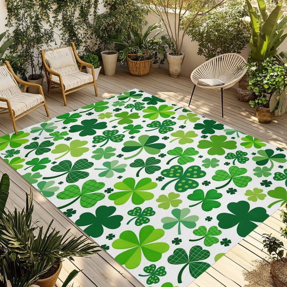 St. Patrick's Day Outdoor Rug for Patio/Deck/Porch, Non-Slip Large Area Rug 3 x 5 Ft, Spring Green Lucky Irish Clovers Indoor Outdoor Rugs Washable Area Rugs, Reversible Camping Rug Carpet Runner