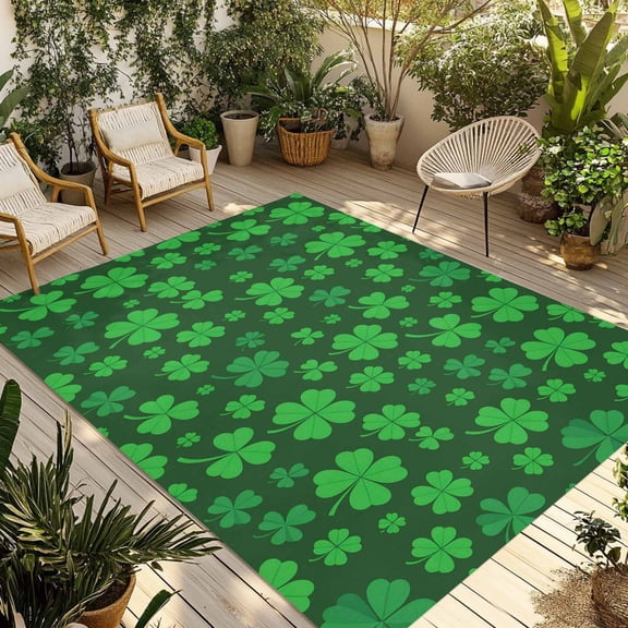 St. Patrick's Day Outdoor Rug for Patio/Deck/Porch, Non-Slip Large Area Rug 3 x 5 Ft, Spring Green Shamrock Grass Lucky Indoor Outdoor Rugs Washable Area Rugs, Reversible Camping Rug Carpet Runner