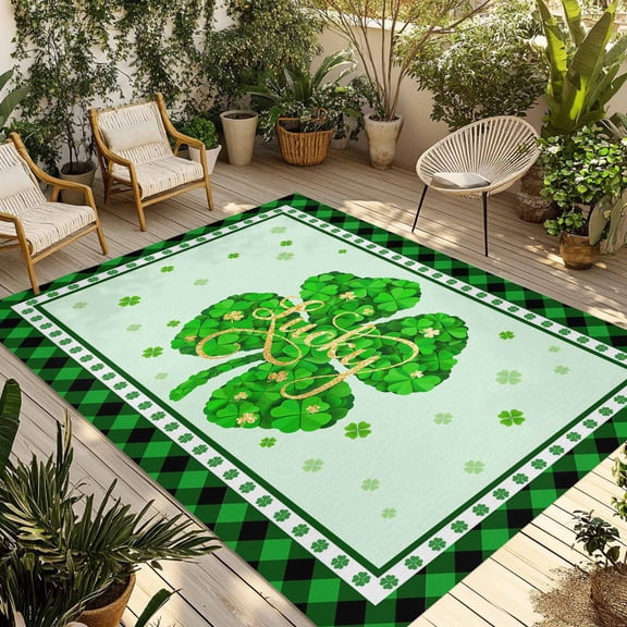 St. Patrick's Day Outdoor Rug for Patio/Deck/Porch, Non-Slip Large Area Rug 3 x 5 Ft, Spring Lucky Four-leaf Grass Green Plaid Indoor Outdoor Rugs Washable Area Rugs, Camping Rug Carpet Runner